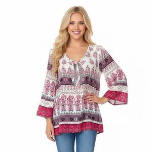 Anthropologie Olive Hill Flowy Boho Tie Front Blouse Peasant Top Size Medium